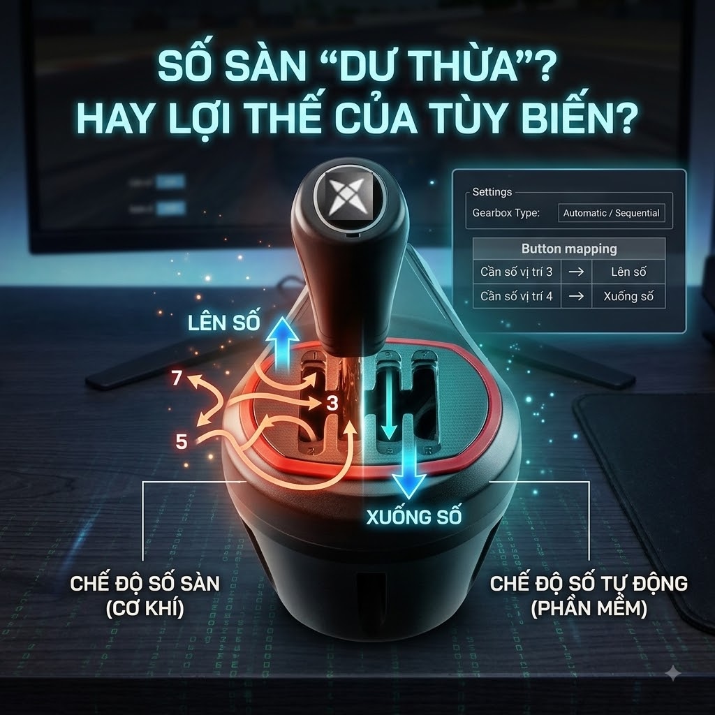 (Hình ảnh minh họa: Giải thích cách tùy biến cần số sàn thành chế độ số tự động "Lên số/Xuống số" thông qua phần mềm).
